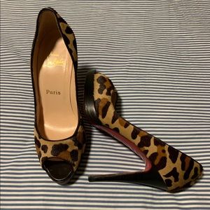 Christian Louboutin Leopard Peep Toe Calf Hair Pump Size 38